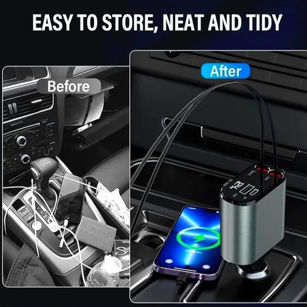 شاحن سيارة 4 في 1 سريع بمخارج سحب (Retractable) - يدعم Type-C و iOS
