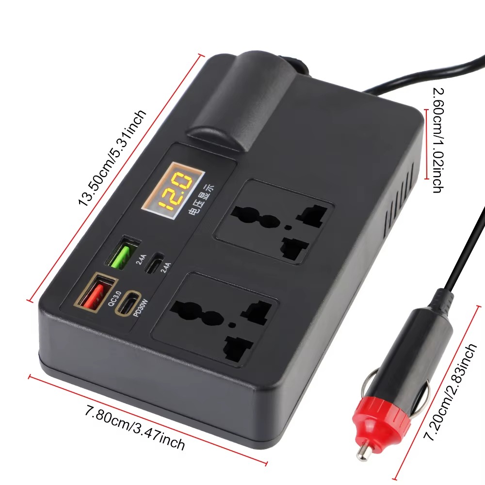 محول طاقة كهربائي عالي القدرة 200 واط للسيارة-12V / 24V إلى شاحن سريع 220 فولت مع USB-PD، كشف الجه