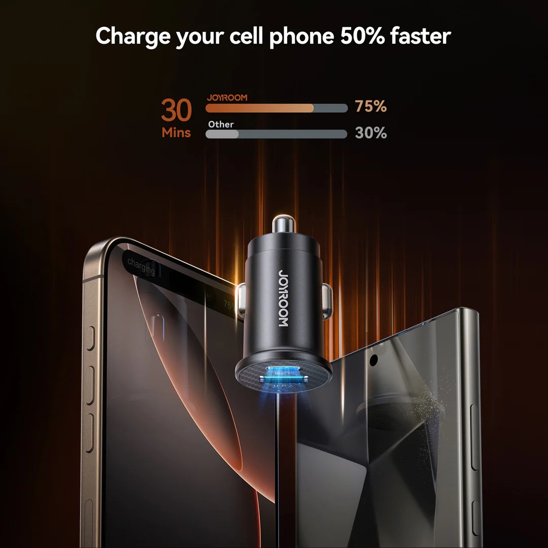 شاحن سيارة من joyroom ميني – منفذين USB و Type-C بقوة 15 وات وتصميم مدمج وأنيق