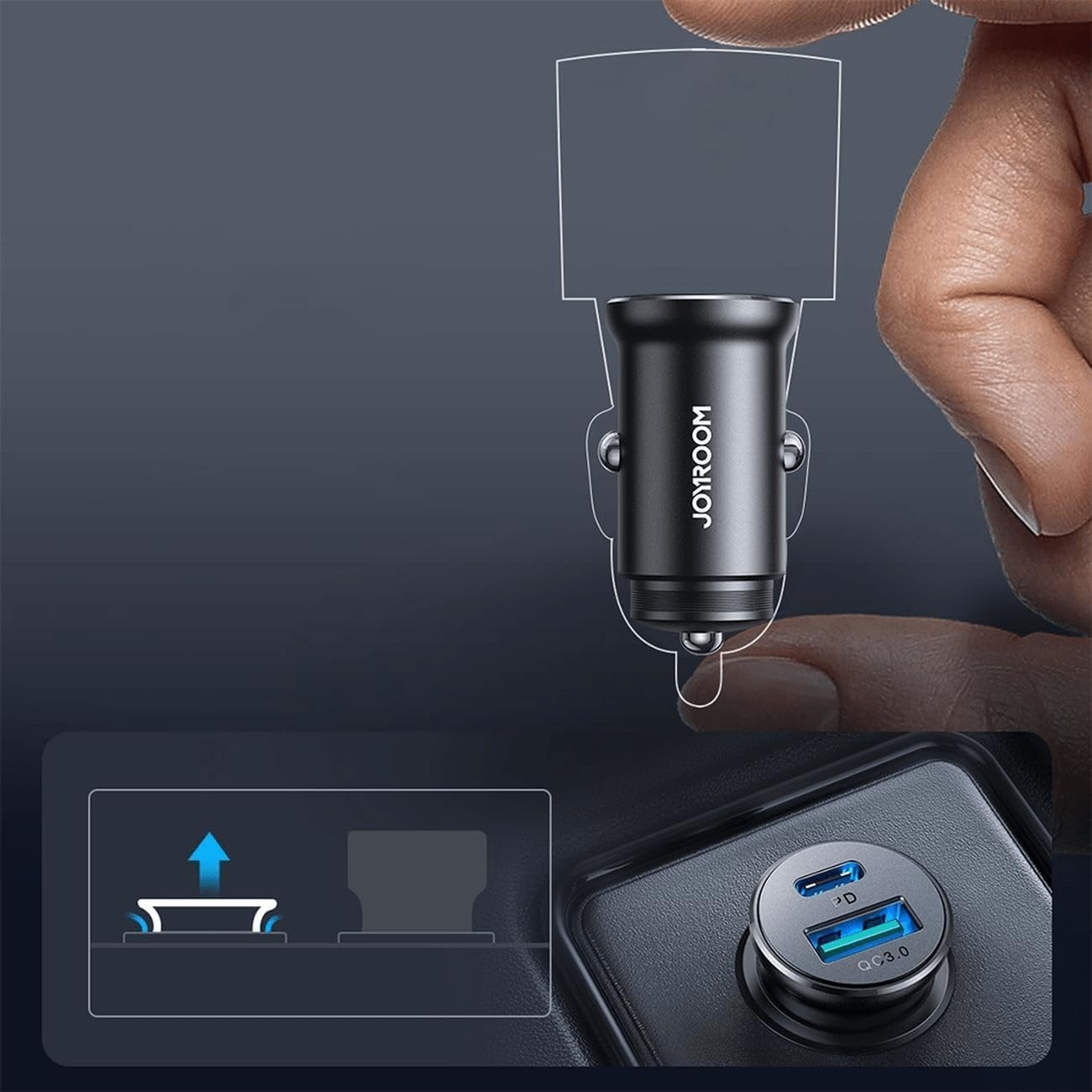 شاحن سيارة معدني صغير 30 وات بمنفذ USB-C ومنفذ USB-A للشحن السريع (PD3.0/PPS/QC3.0) بتصميم صغير من جوي روم - لون أسود، موديل JR-CCN05