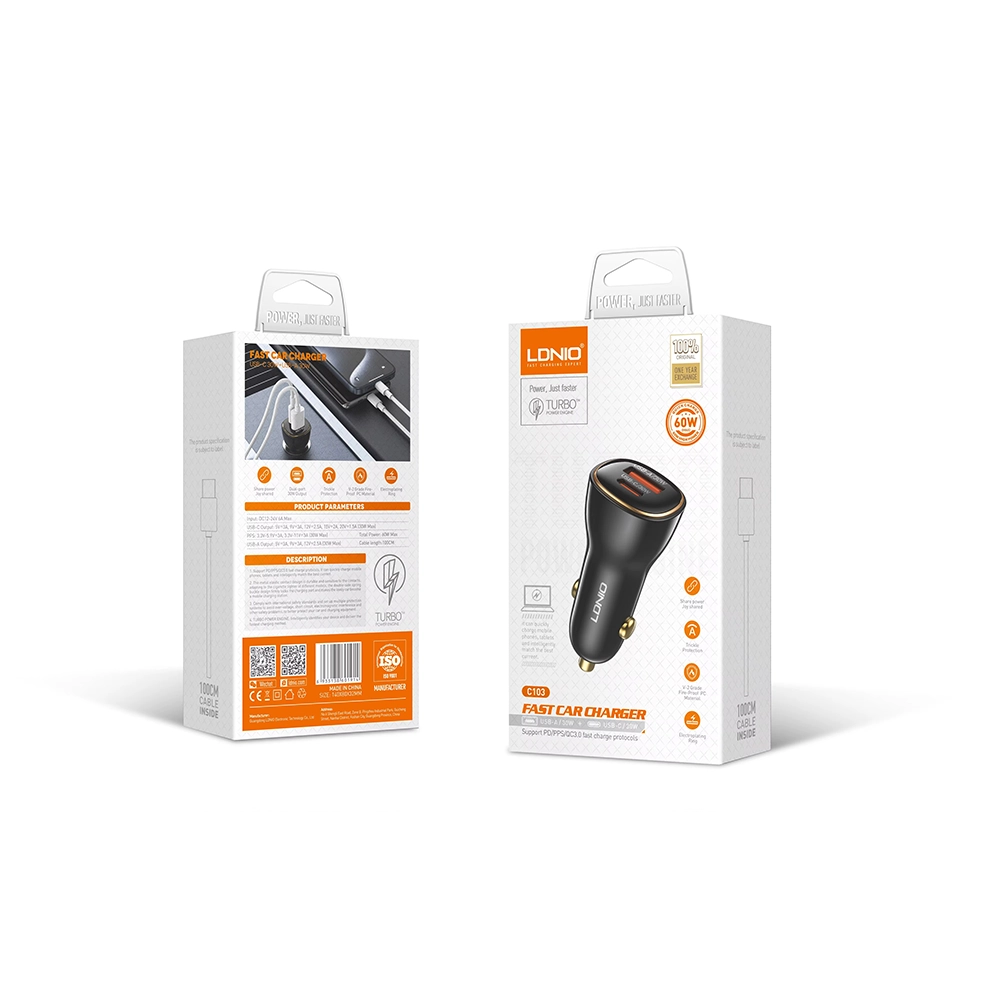 شاحن سيارة لدنيو LDNIO C103 بقوة 30 وات – شحن سريع منفذين USB و Type-C بتصميم معدني أنيق وأمان فائق