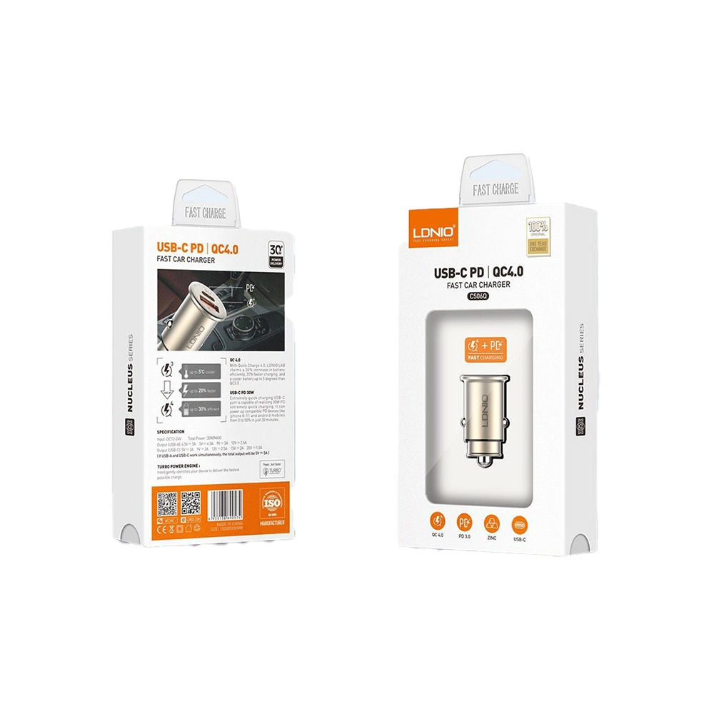شاحن سيارة لدنيو LDNIO C506Q ميني بقوة 30 واط – هيكل من سبائك الزنك وشحن سريع QC 4.0