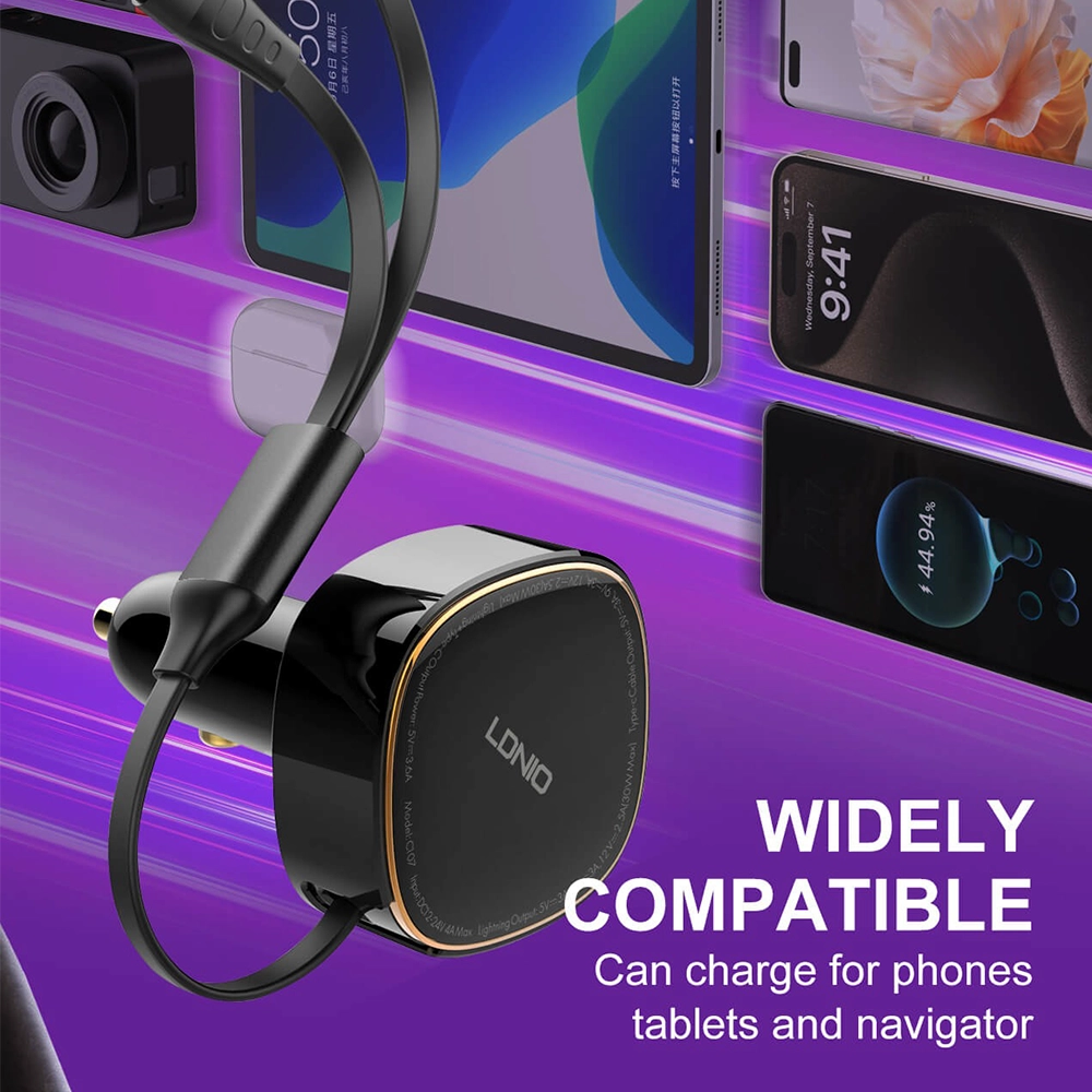 شاحن سيارة لدنيو LDNIO C107 بقوة 30 واط – منفذ USB-C ومنفذ USB-A يدعم الشحن السريع PD & QC 3.0 بتصميم عصري وأمان متكامل