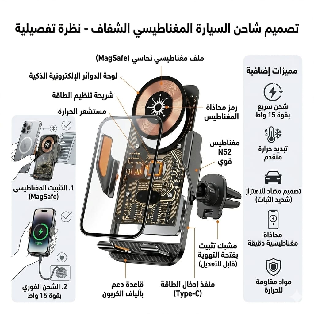 شاحن سيارة لاسلكي ذكي X-Technology بقوة 15 واط – حامل هاتف أوتوماتيكي بتصميم شفاف 