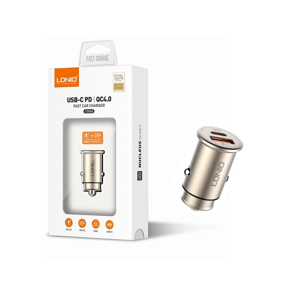 شاحن سيارة لدنيو LDNIO C506Q ميني بقوة 30 واط – هيكل من سبائك الزنك وشحن سريع QC 4.0